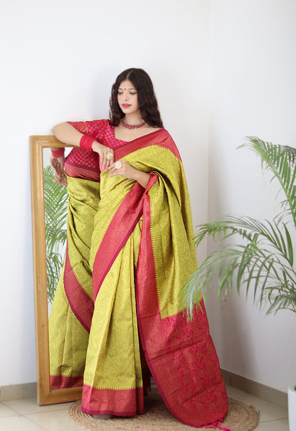 Lime With Pink Border Pure Soft Silk Saree With Twirling Blouse Piece