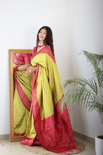 Lime With Pink Border Pure Soft Silk Saree With Twirling Blouse Piece