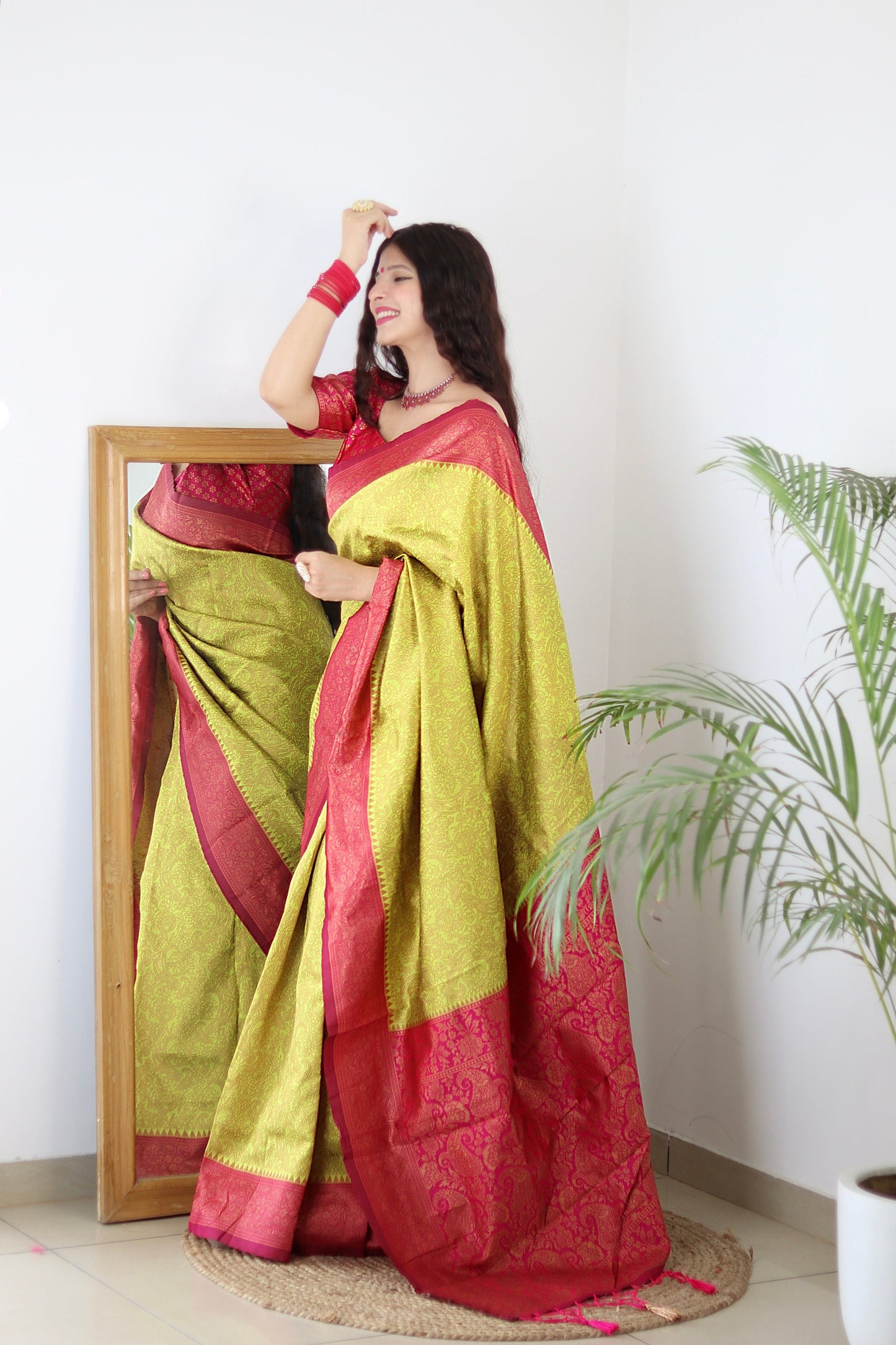 Lime With Pink Border Pure Soft Silk Saree With Twirling Blouse Piece