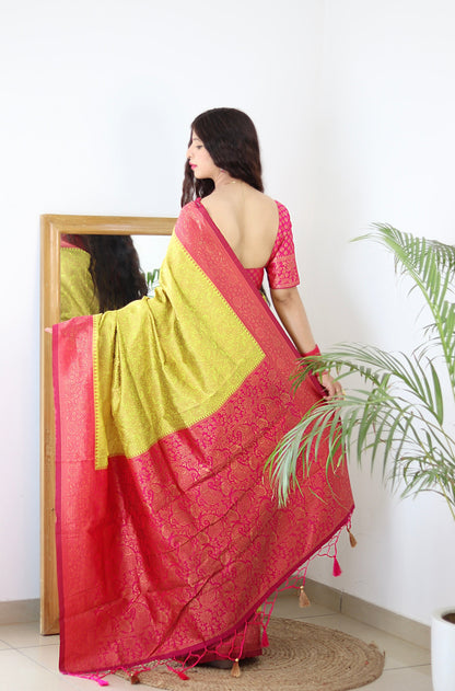 Lime With Pink Border Pure Soft Silk Saree With Twirling Blouse Piece