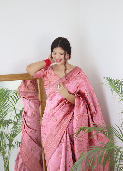 Baby Pink Pure Soft Silk Saree With Twirling Blouse Piece