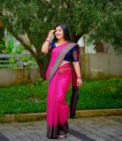 Pink & Blue Pure Soft Silk Saree With Attractive Blouse Piece