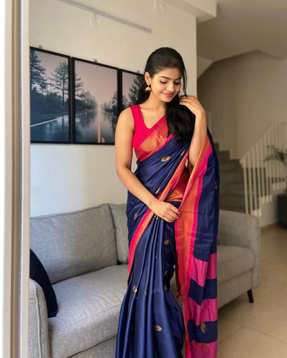 Blue & Pink Pure Soft Silk Saree With Twirling Blouse Piece