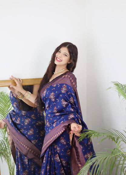 Blue Pure Soft Silk Saree With Twirling Blouse Piece