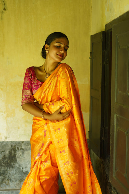 Yellow Pure Soft Silk Saree With Twirling Blouse Piece