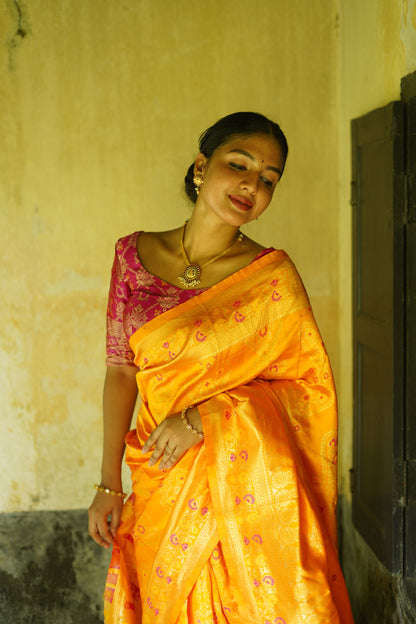 Yellow Pure Soft Silk Saree With Twirling Blouse Piece