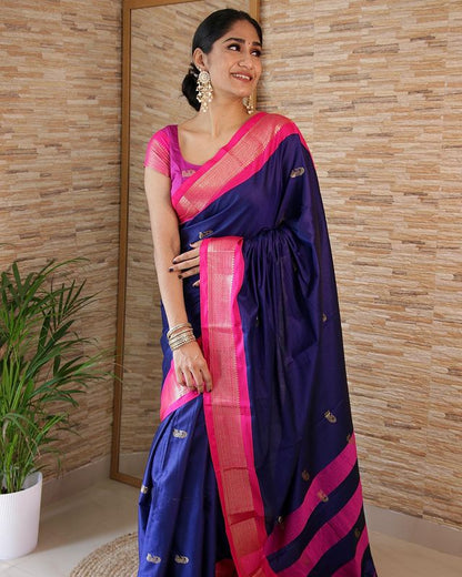 Blue & Pink Pure Soft Silk Saree With Twirling Blouse Piece