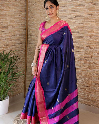 Blue & Pink Pure Soft Silk Saree With Twirling Blouse Piece