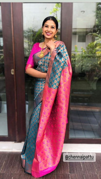 Unique Rama Pure Soft Silk Saree With Outstanding Blouse Piece