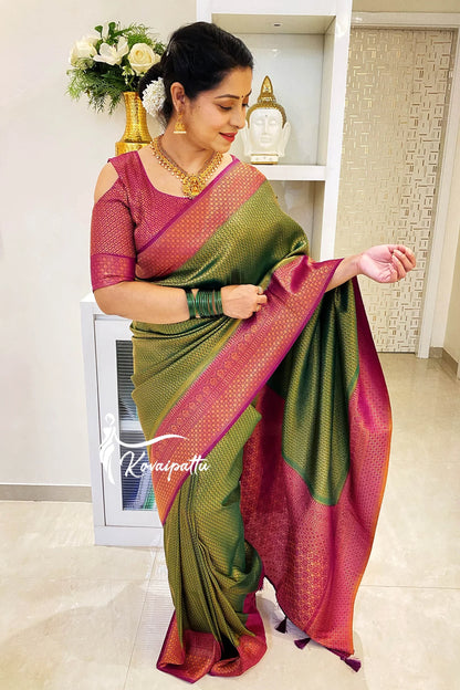 Snazzy Dark Green & Magenta Soft Silk Saree With Confounding Blouse Piece