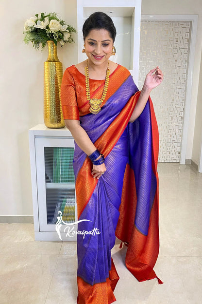 Snazzy Blue & Red Soft Silk Saree With Confounding Blouse Piece