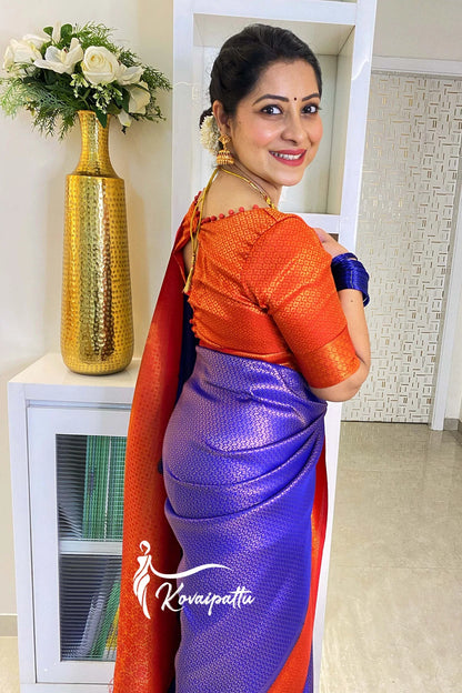 Snazzy Blue & Red Soft Silk Saree With Confounding Blouse Piece