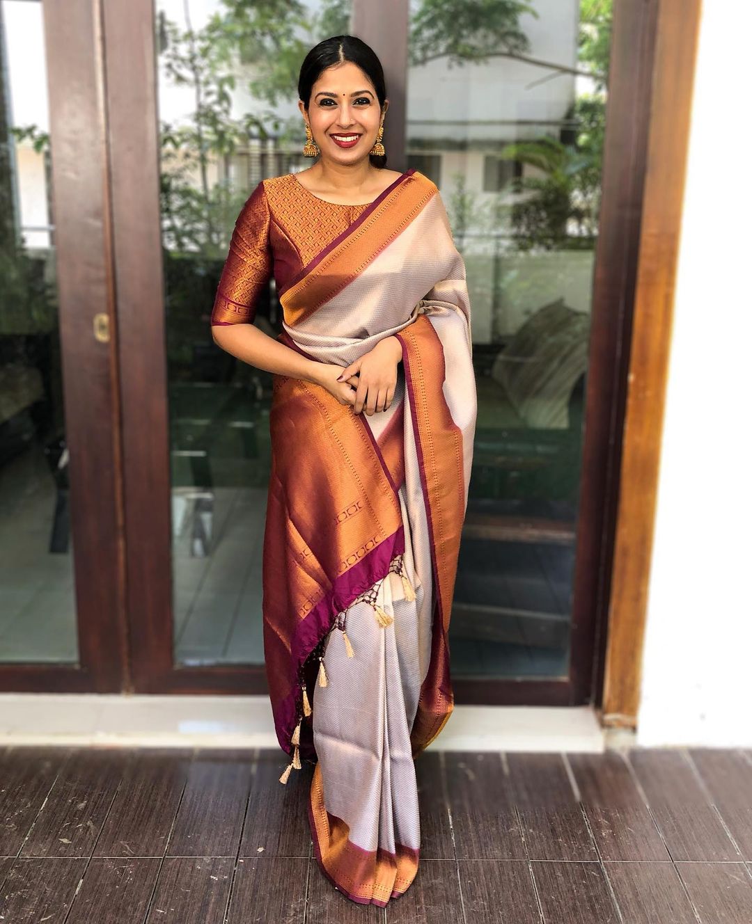 Cream & Maroon Pure Soft Silk Saree With Twirling Blouse Piece