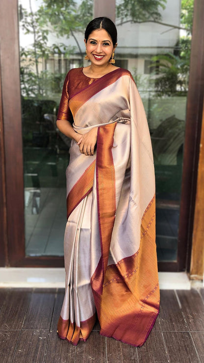 Cream & Maroon Pure Soft Silk Saree With Twirling Blouse Piece