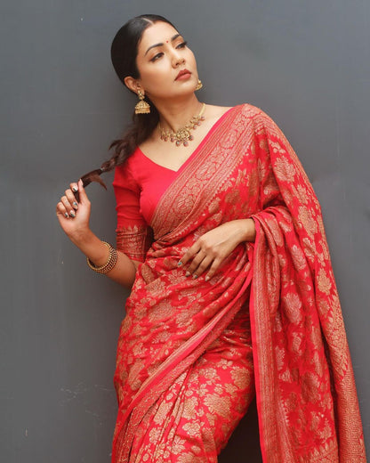 Quintessential Red Pure Soft Banarasi Silk Saree With Magnific Blouse Piece