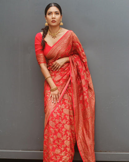 Quintessential Red Pure Soft Banarasi Silk Saree With Magnific Blouse Piece