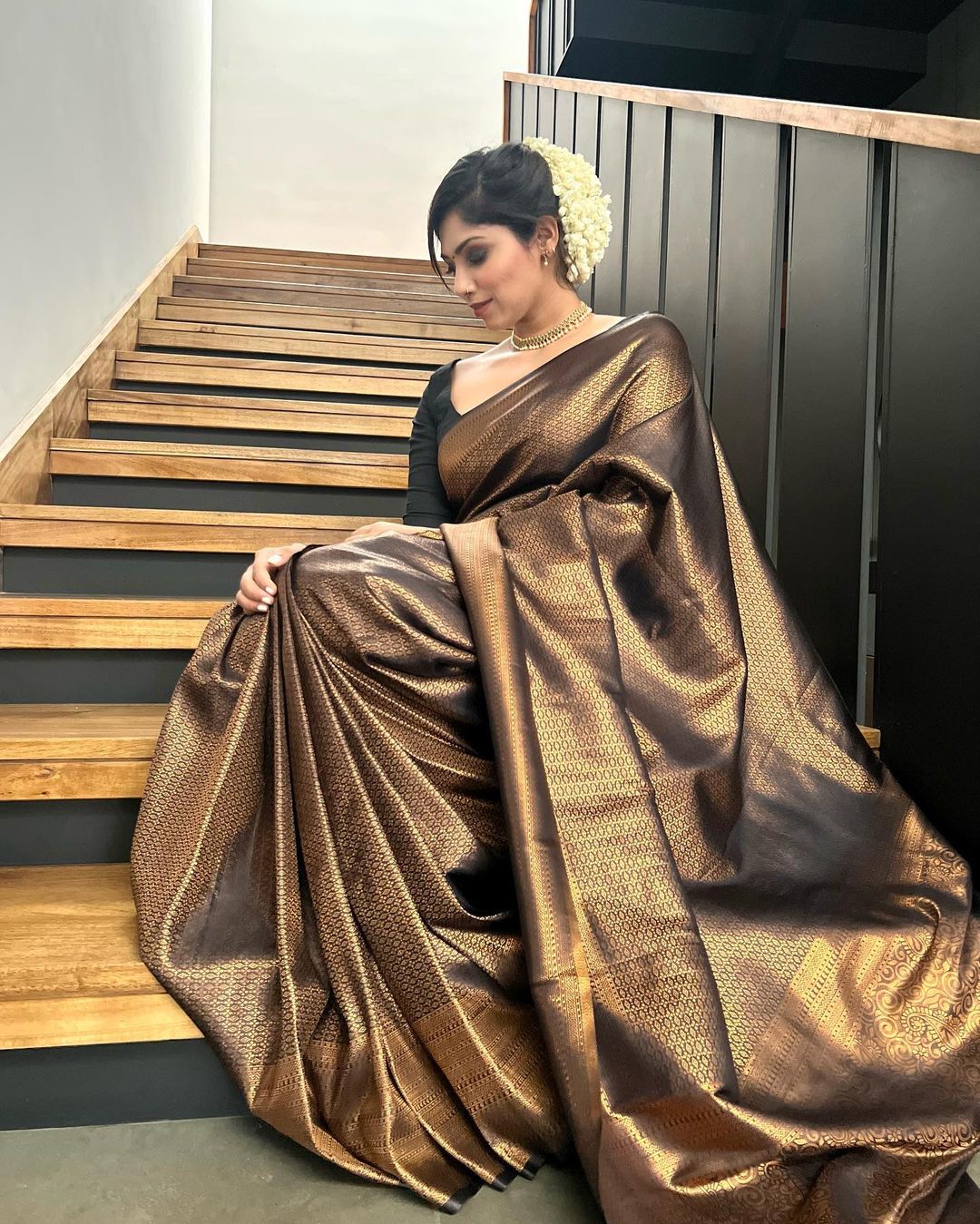 Black Pure Soft Silk Saree Weaved With Copper Zari Comes With Tempting Heavy Brocade Blouse Piece