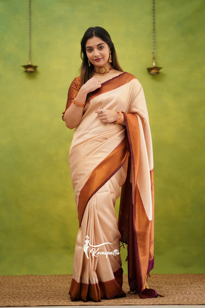 Cream & Maroon Pure Soft Silk Saree With Twirling Blouse Piece