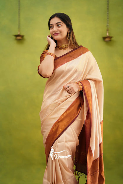 Cream & Maroon Pure Soft Silk Saree With Twirling Blouse Piece