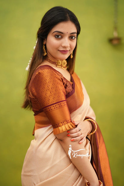 Cream & Maroon Pure Soft Silk Saree With Twirling Blouse Piece