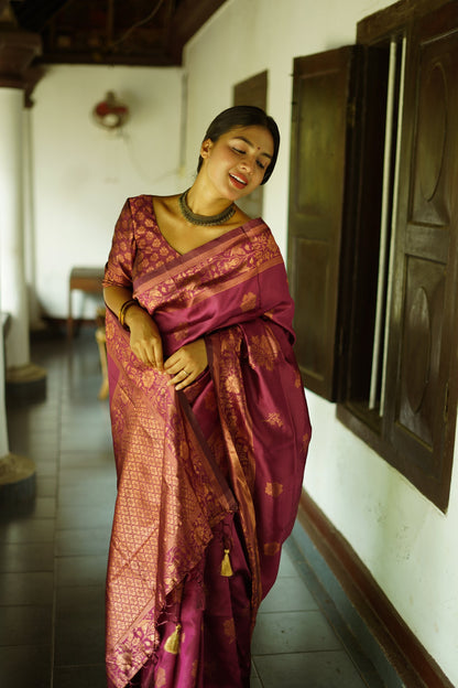 Wine Pure Soft Silk Saree With Twirling Blouse Piece