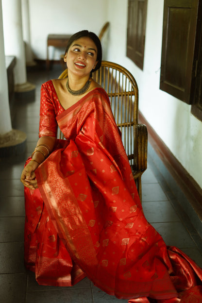 Red Pure Soft Silk Saree With Twirling Blouse Piece
