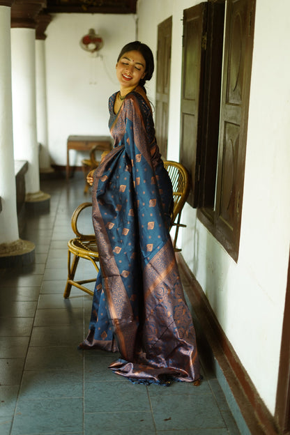 Blue Pure Soft Silk Saree With Twirling Blouse Piece