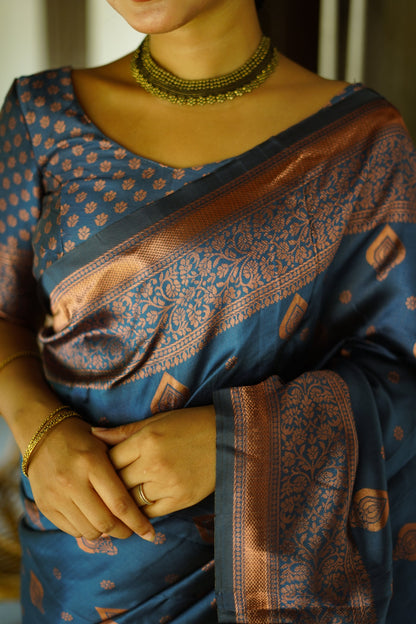 Blue Pure Soft Silk Saree With Twirling Blouse Piece