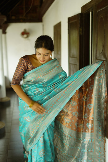 Turquoise Pure Soft Silk Saree With Twirling Blouse Piece