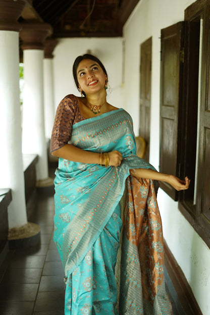 Turquoise Pure Soft Silk Saree With Twirling Blouse Piece