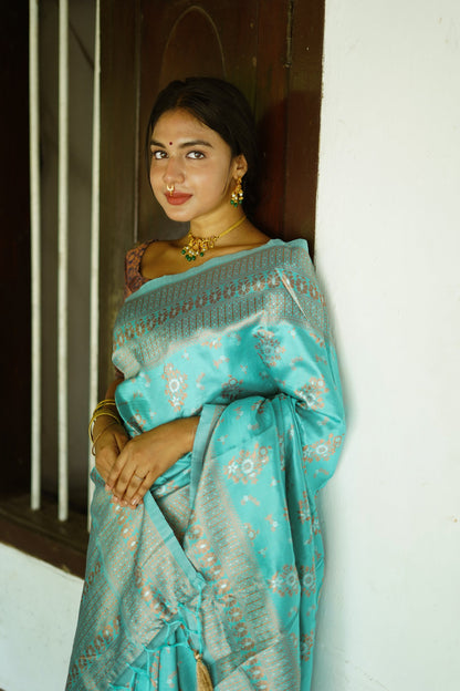 Turquoise Pure Soft Silk Saree With Twirling Blouse Piece