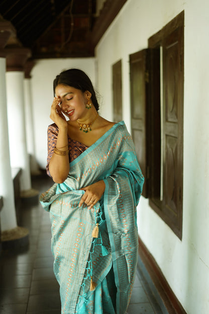 Turquoise Pure Soft Silk Saree With Twirling Blouse Piece