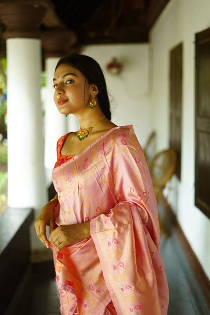 Onion Pink Pure Soft Silk Saree With Twirling Blouse Piece