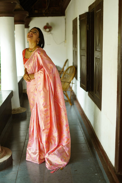 Onion Pink Pure Soft Silk Saree With Twirling Blouse Piece