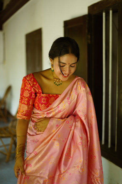 Onion Pink Pure Soft Silk Saree With Twirling Blouse Piece