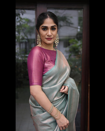 Phenomenal Firozi & Magenta Pure Soft Silk Saree With Imbrication Blouse Piece