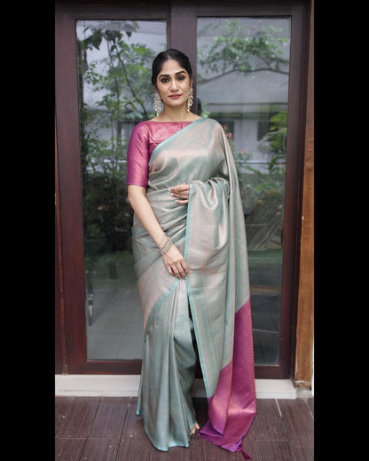 Phenomenal Firozi & Magenta Pure Soft Silk Saree With Imbrication Blouse Piece