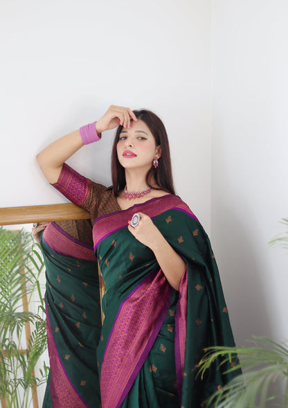 Bottle Green & Magenta Combination Pure Soft Silk Saree Stylish Blouse Piece