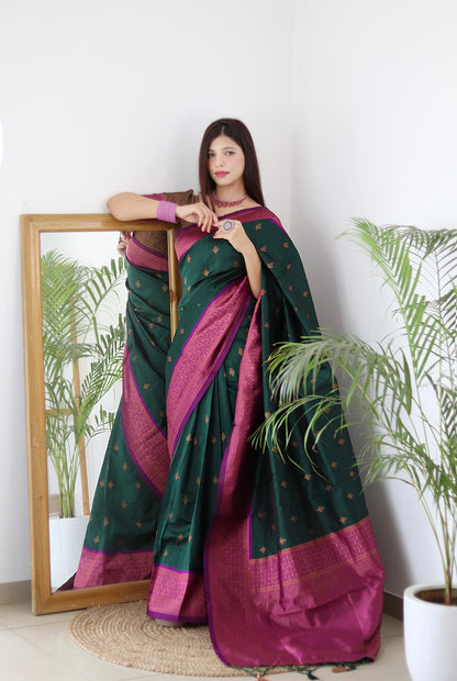 Bottle Green & Magenta Combination Pure Soft Silk Saree Stylish Blouse Piece