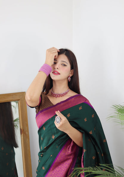 Bottle Green & Magenta Combination Pure Soft Silk Saree Stylish Blouse Piece