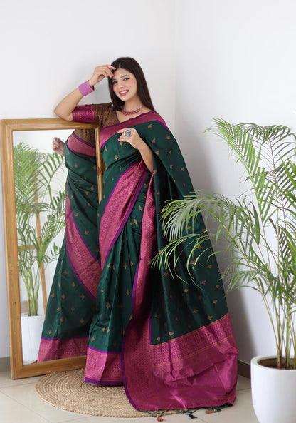 Bottle Green & Magenta Combination Pure Soft Silk Saree Stylish Blouse Piece