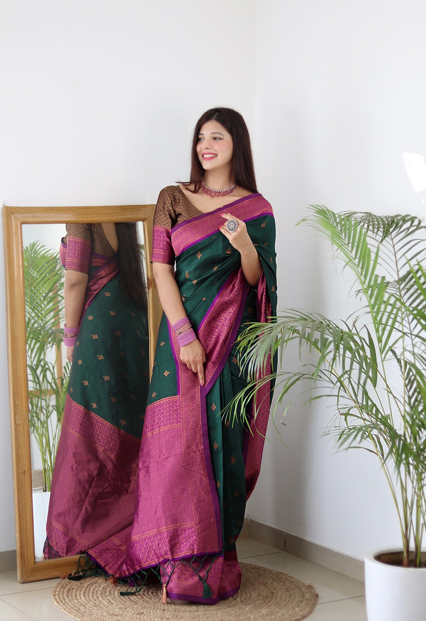 Bottle Green & Magenta Combination Pure Soft Silk Saree Stylish Blouse Piece