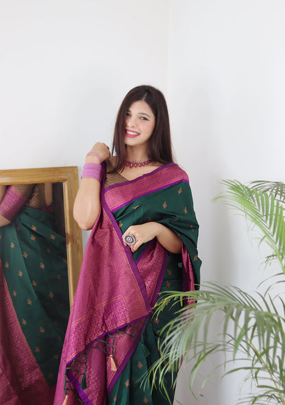 Bottle Green & Magenta Combination Pure Soft Silk Saree Stylish Blouse Piece