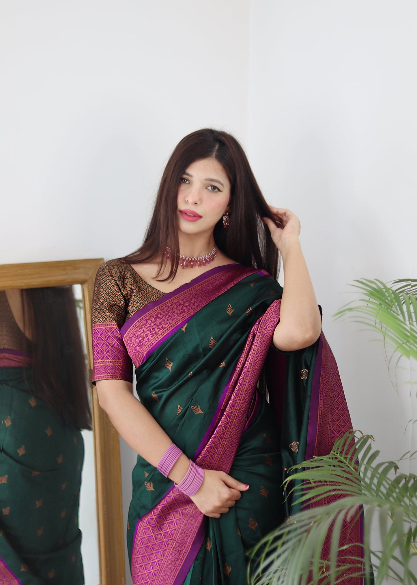 Bottle Green & Magenta Combination Pure Soft Silk Saree Stylish Blouse Piece