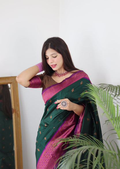 Bottle Green & Magenta Combination Pure Soft Silk Saree Stylish Blouse Piece