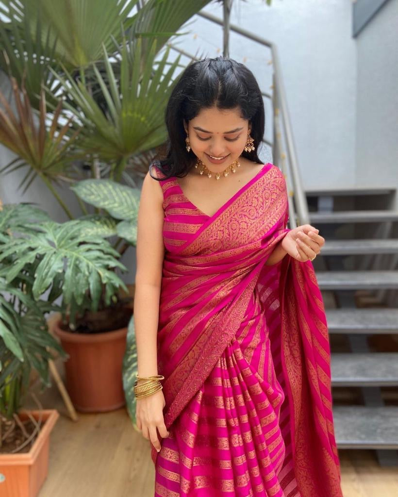 Pink Pure Semi Silk Saree Weaved With Copper Zari Comes With Attached Blouse.