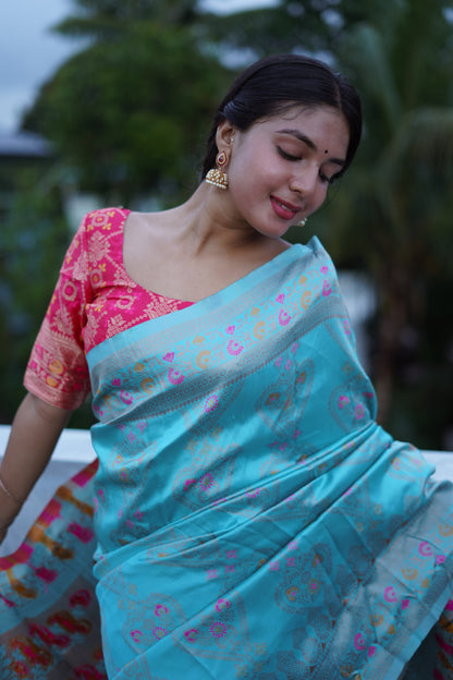 Turquoise Pure Soft Silk Saree With Twirling Blouse Piece