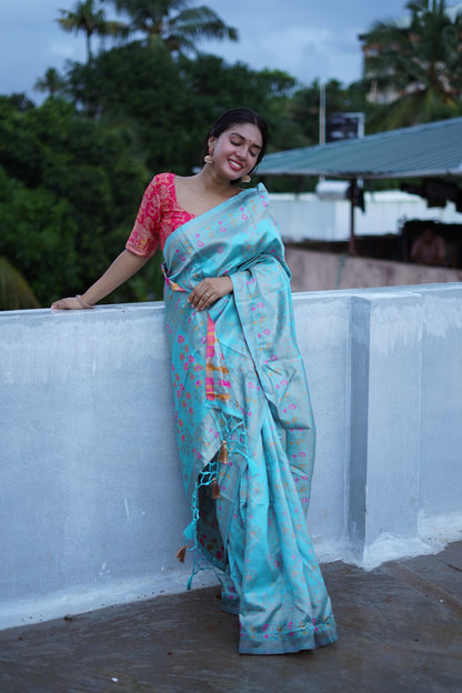 Turquoise Pure Soft Silk Saree With Twirling Blouse Piece