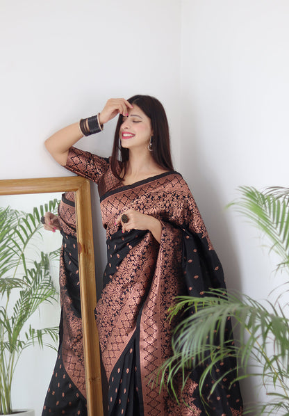 Black & Copper Zari Combination Pure Soft Silk Saree Stylish Blouse Piece