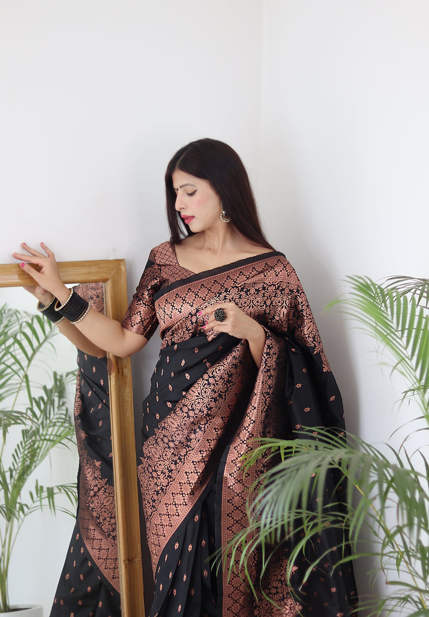 Black & Copper Zari Combination Pure Soft Silk Saree Stylish Blouse Piece